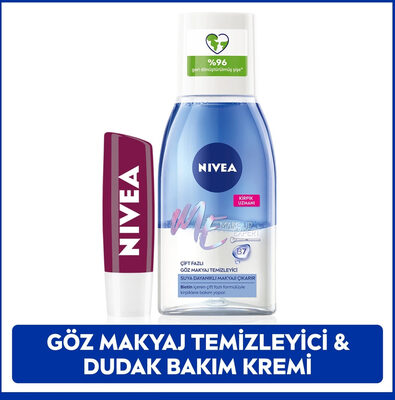 Nivea Çift Etkili Göz Makyaj Temizleyici 125 ml + Böğürtlen Renkli Dudak Bakım Kremi