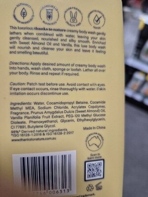 Thanks To Nature Creamy Body Wash Sweet Almond & Vanilla 500mL
